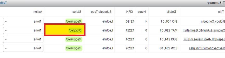 Summary box displayed on Register for Classes. 突出显示状态列，显示课程已成功删除.